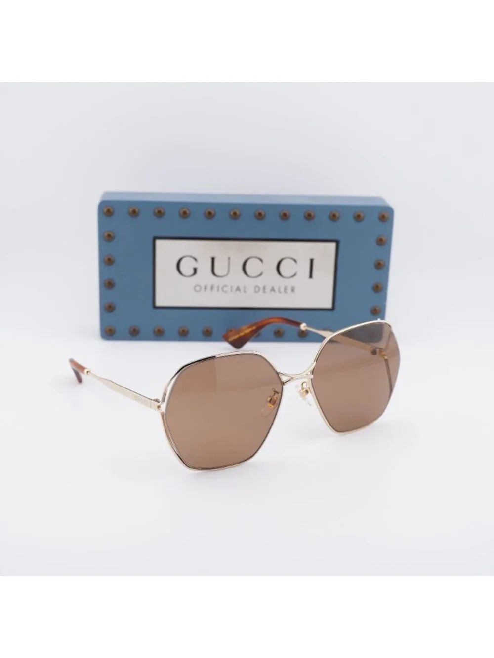 Gucci GG0818SA 002 Geometric Sunglasses - Gold / Brown